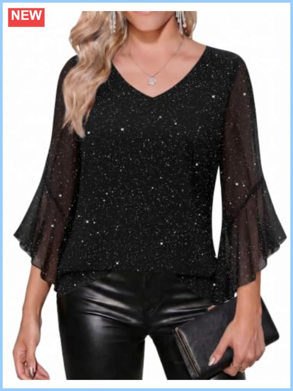 Womens Ruffle 3/4 Sleeve Sequin V Neck Mesh Tunic Blouse